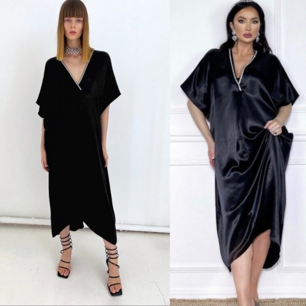 ZARA BLOGGER BLACK SILKY SATIN DIAMOND RHINESTONE TRIM FLOWY KAFTAN MIDI DRESS